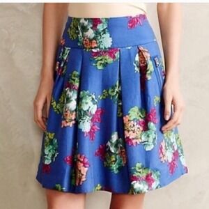 Maeve‎ Anthropologie Blue Floral Garden Days Skirt Pleated Zipper Pocket  Size 8